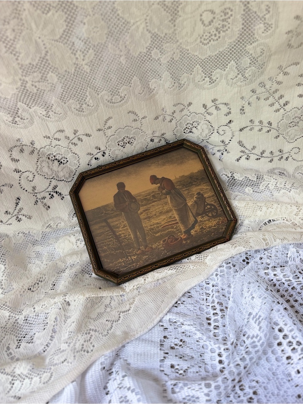 Vintage Framed The Angelus Jean François Millet Print Ornate Wood Frame Cottage - Picture 3 of 11